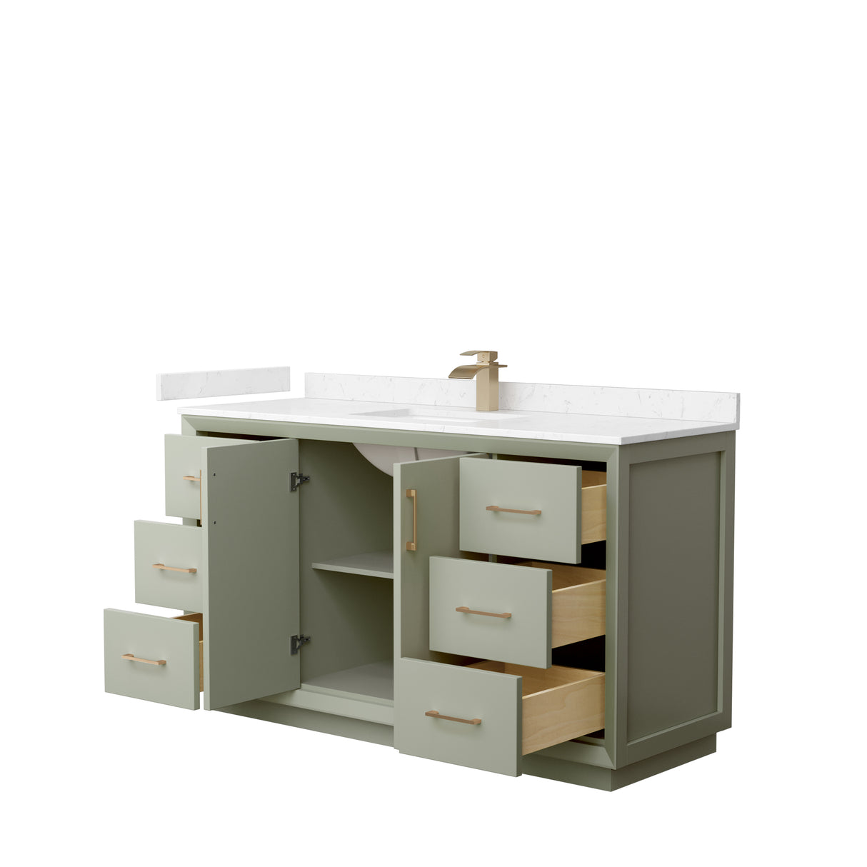Strada 60 Inch Single Bathroom Vanity in Light Green Carrara Cultured Marble Countertop Undermount Square Sink Satin Bronze Trim