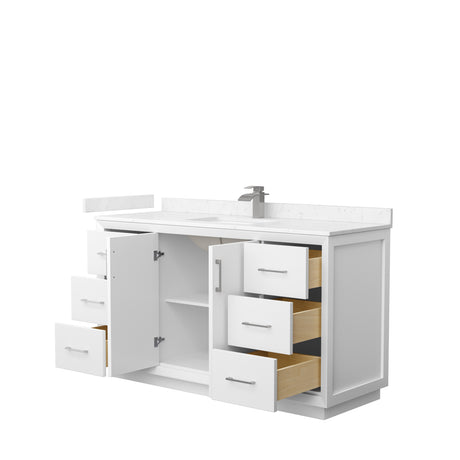 Strada 60 Inch Single Bathroom Vanity in White Carrara Cultured Marble Countertop Undermount Square Sink Brushed Nickel Trim