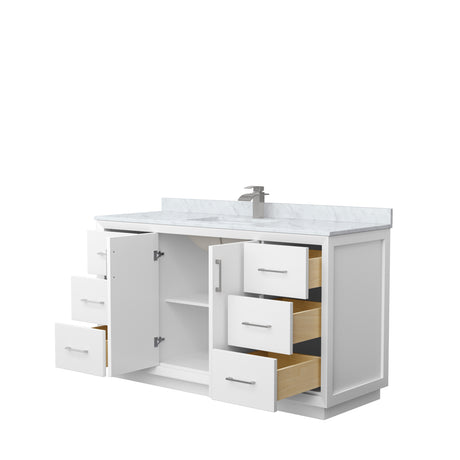 Strada 60 Inch Single Bathroom Vanity in White White Carrara Marble Countertop Undermount Square Sink Brushed Nickel Trim
