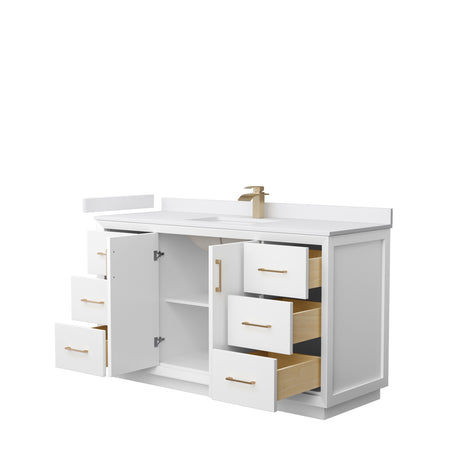 Strada 60 Inch Single Bathroom Vanity in White White Cultured Marble Countertop Undermount Square Sink Satin Bronze Trim