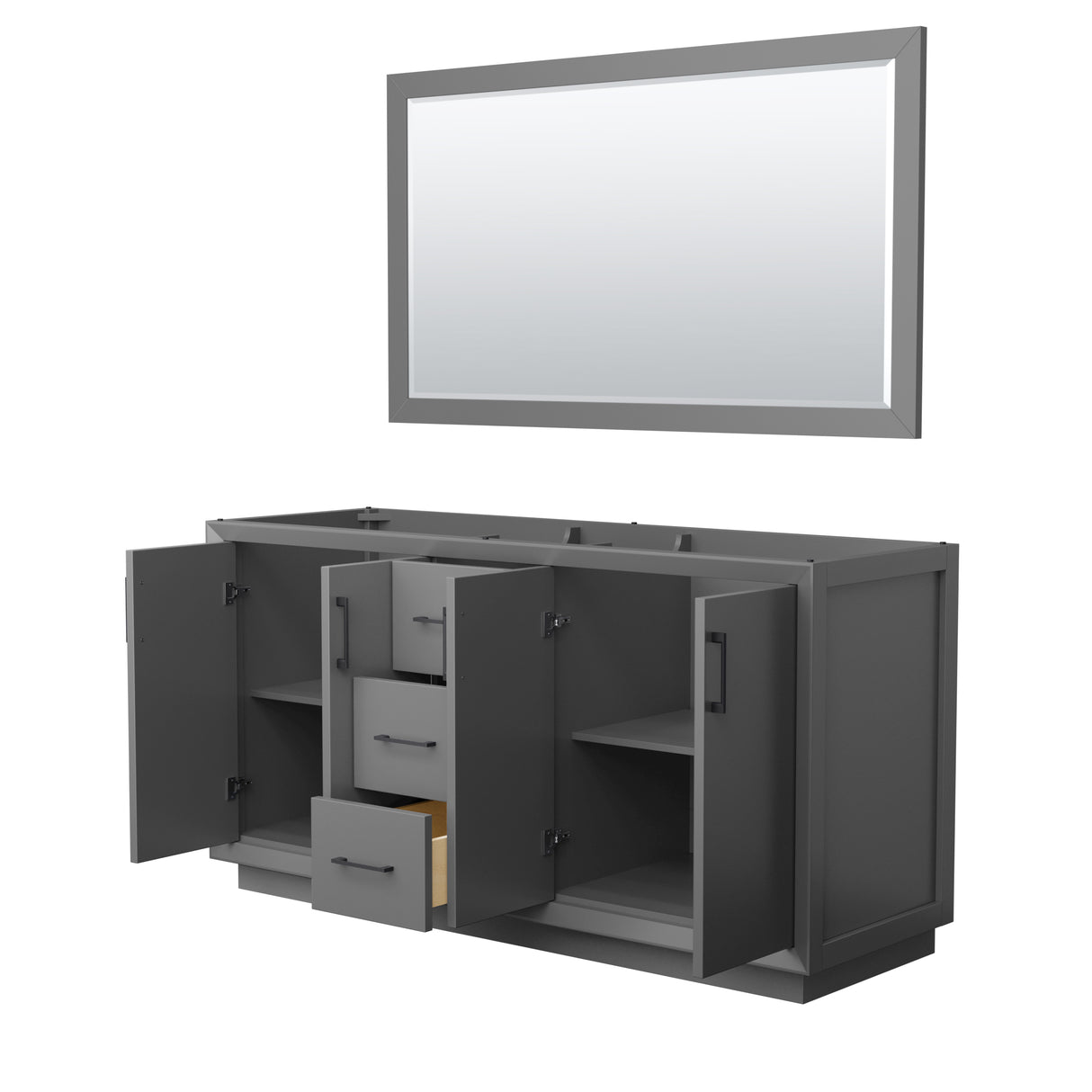 Strada 66 Inch Double Bathroom Vanity in Dark Gray No Countertop No Sink Matte Black Trim 58 Inch Mirror