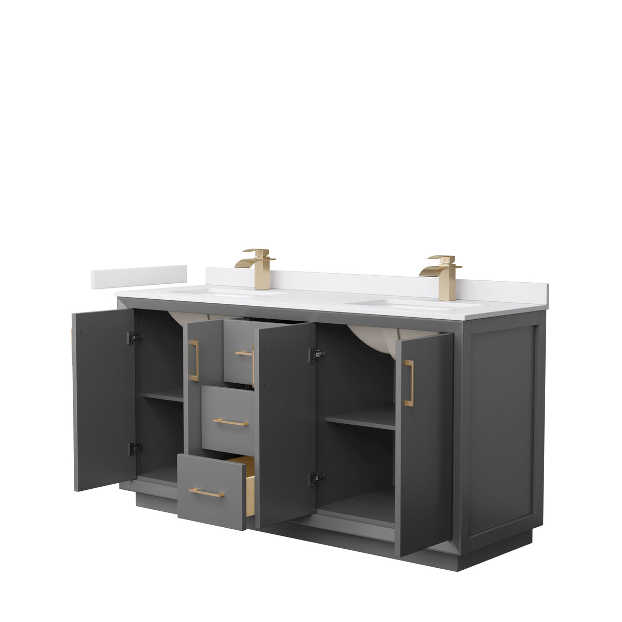 Strada 66 Inch Double Bathroom Vanity in Dark Gray White Cultured Marble Countertop Undermount Square Sink Satin Bronze Trim