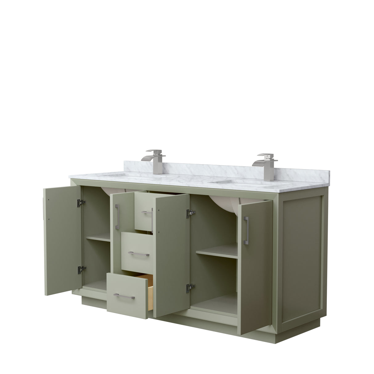 Strada 66 Inch Double Bathroom Vanity in Light Green White Carrara Marble Countertop Undermount Square Sinks Brushed Nickel Trim