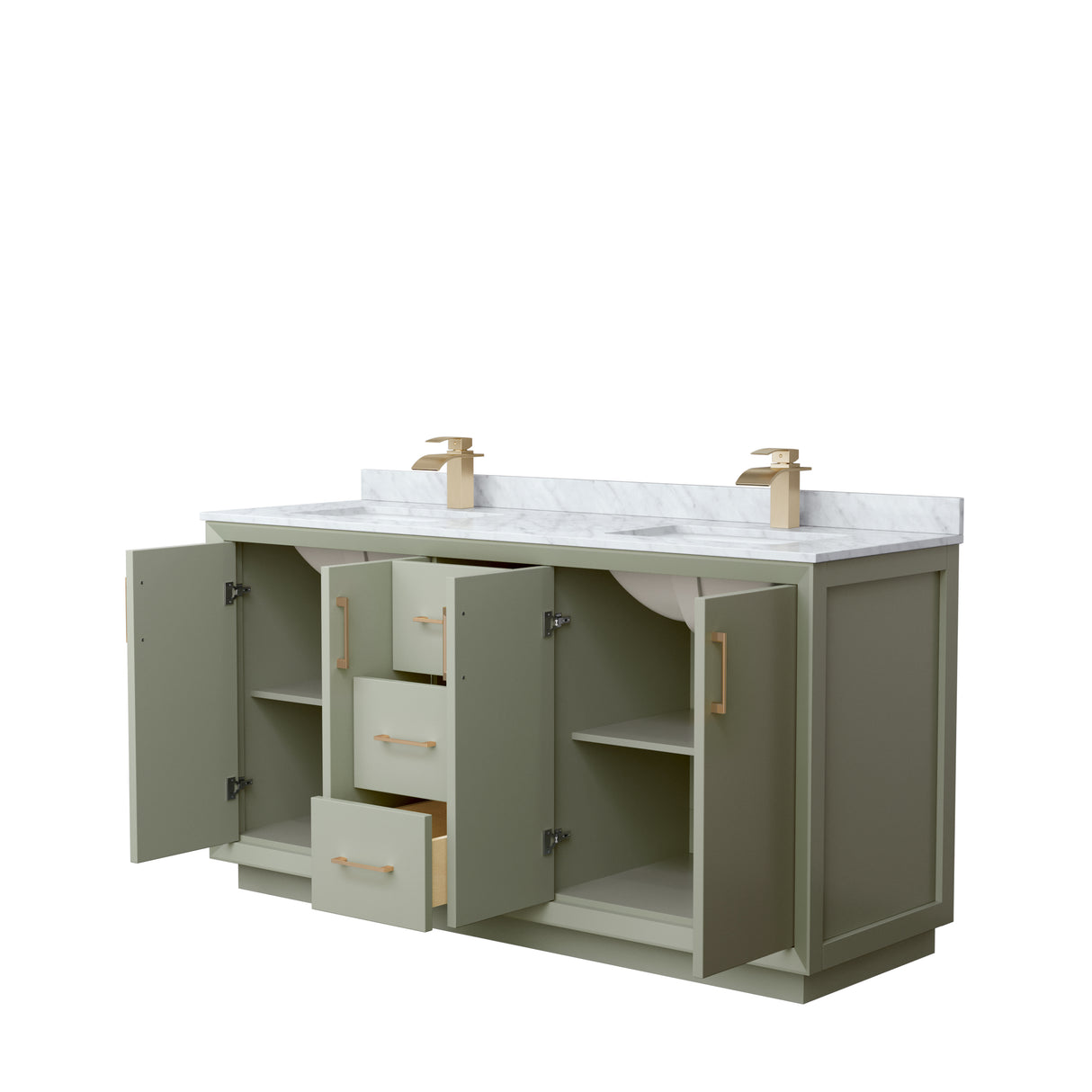 Strada 66 Inch Double Bathroom Vanity in Light Green White Carrara Marble Countertop Undermount Square Sinks Satin Bronze Trim