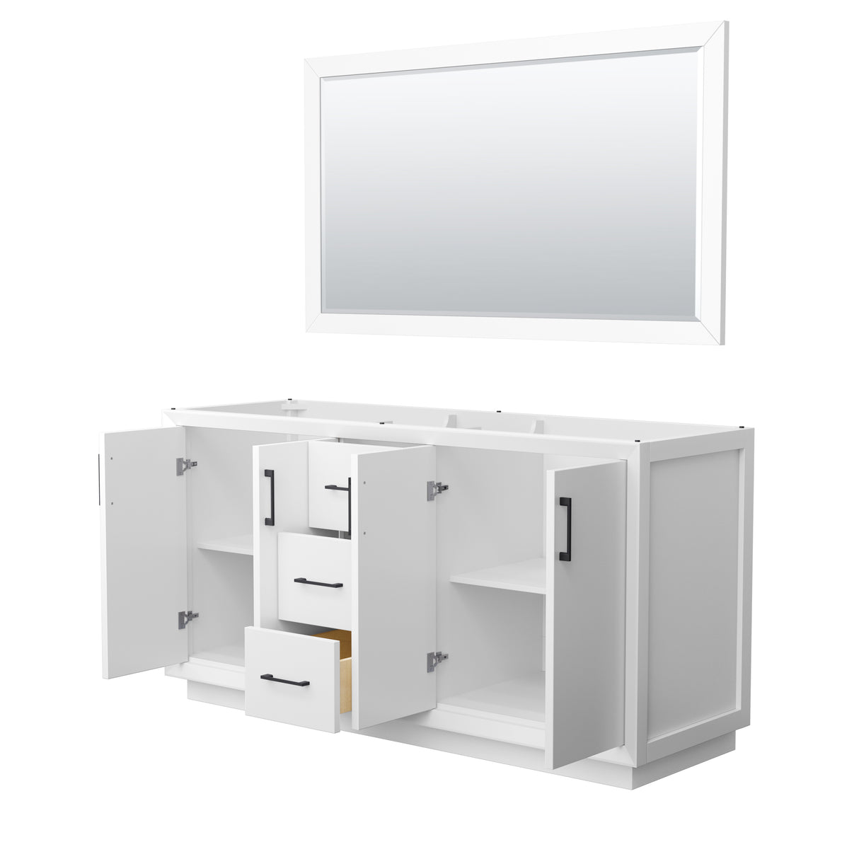 Strada 66 Inch Double Bathroom Vanity in White No Countertop No Sink Matte Black Trim 58 Inch Mirror