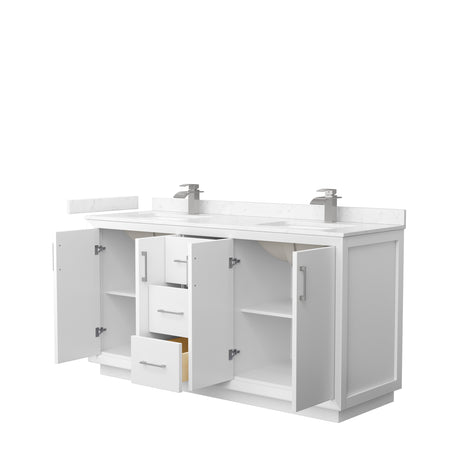 Strada 66 Inch Double Bathroom Vanity in White Carrara Cultured Marble Countertop Undermount Square Sink Brushed Nickel Trim