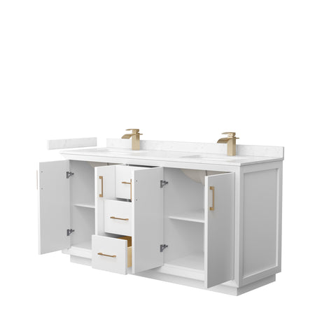 Strada 66 Inch Double Bathroom Vanity in White Carrara Cultured Marble Countertop Undermount Square Sink Satin Bronze Trim