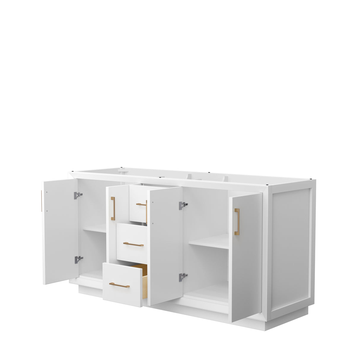Strada 66 Inch Double Bathroom Vanity in White No Countertop No Sink Satin Bronze Trim