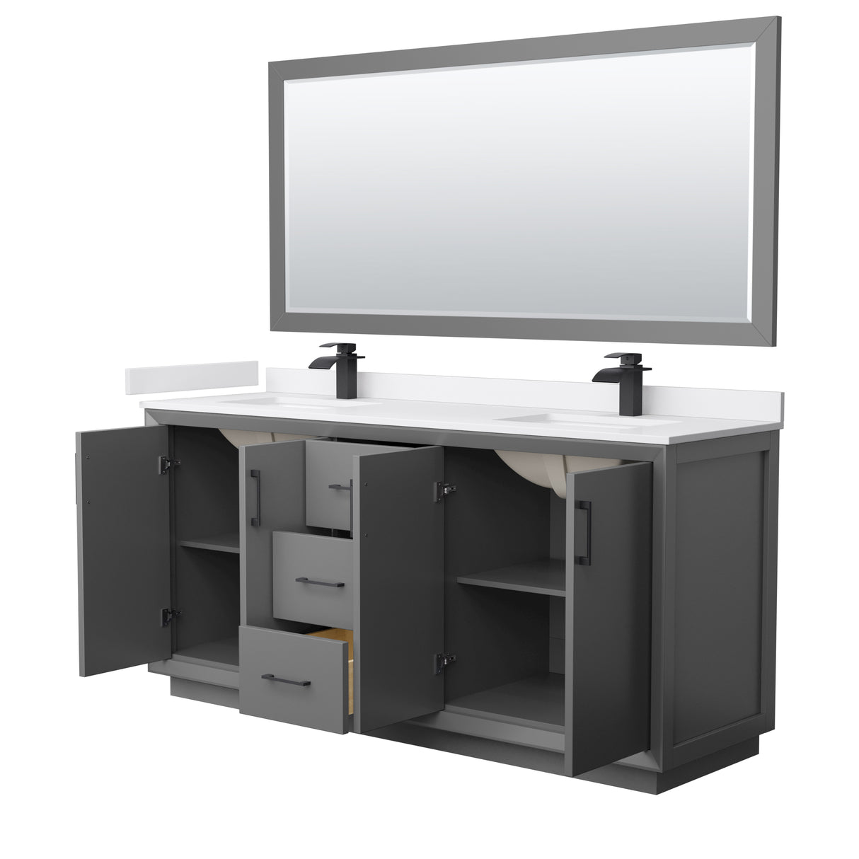 Strada 72 Inch Double Bathroom Vanity in Dark Gray White Cultured Marble Countertop Undermount Square Sink Matte Black Trim 70 Inch Mirror