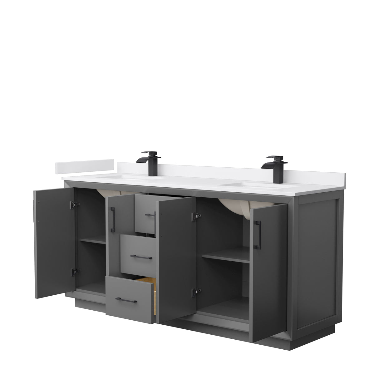 Strada 72 Inch Double Bathroom Vanity in Dark Gray White Cultured Marble Countertop Undermount Square Sink Matte Black Trim