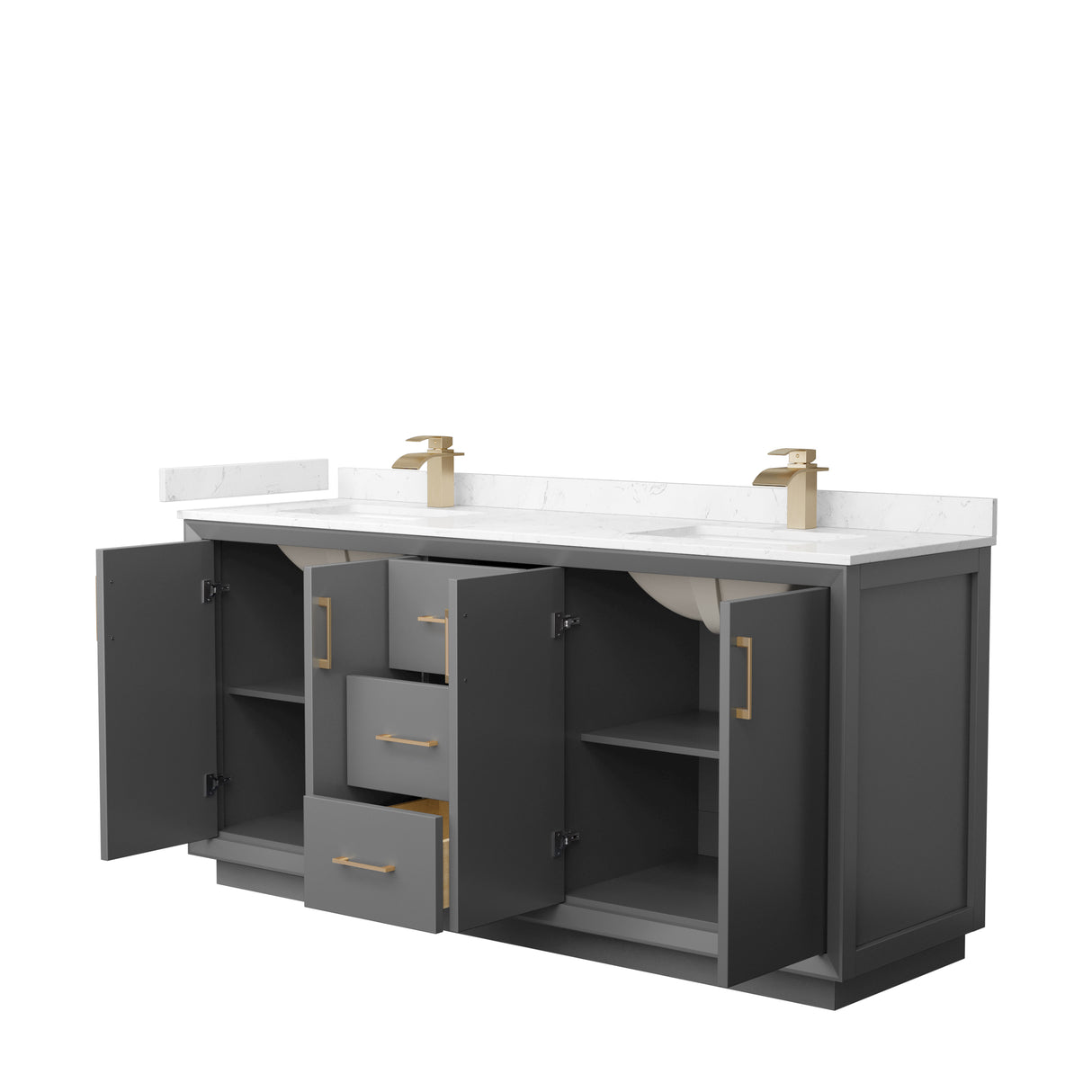 Strada 72 Inch Double Bathroom Vanity in Dark Gray Carrara Cultured Marble Countertop Undermount Square Sink Satin Bronze Trim