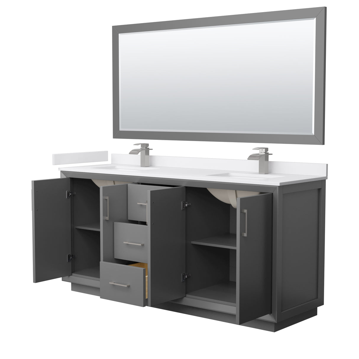 Strada 72 Inch Double Bathroom Vanity in Dark Gray White Cultured Marble Countertop Undermount Square Sink Brushed Nickel Trim 70 Inch Mirror