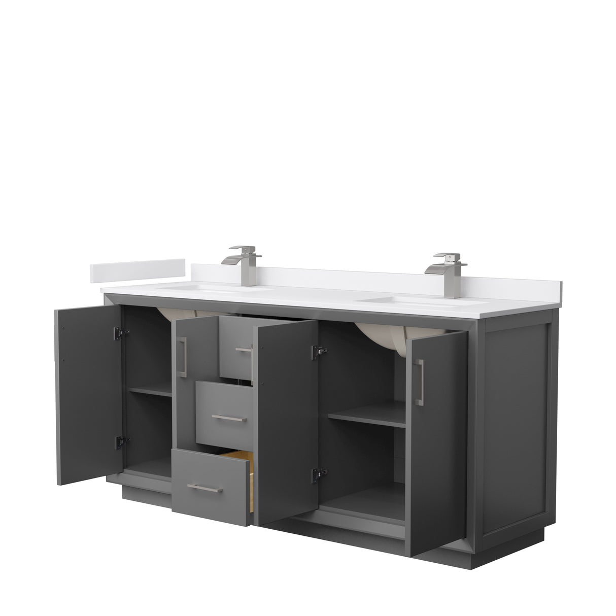Strada 72 Inch Double Bathroom Vanity in Dark Gray White Cultured Marble Countertop Undermount Square Sink Brushed Nickel Trim