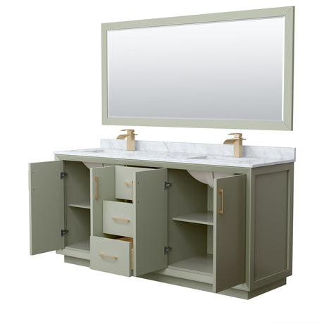 Strada 72 Inch Double Bathroom Vanity in Light Green White Carrara Marble Countertop Undermount Square Sinks Satin Bronze Trim 70 Inch Mirror