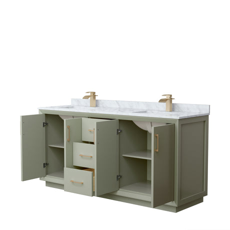 Strada 72 Inch Double Bathroom Vanity in Light Green White Carrara Marble Countertop Undermount Square Sinks Satin Bronze Trim