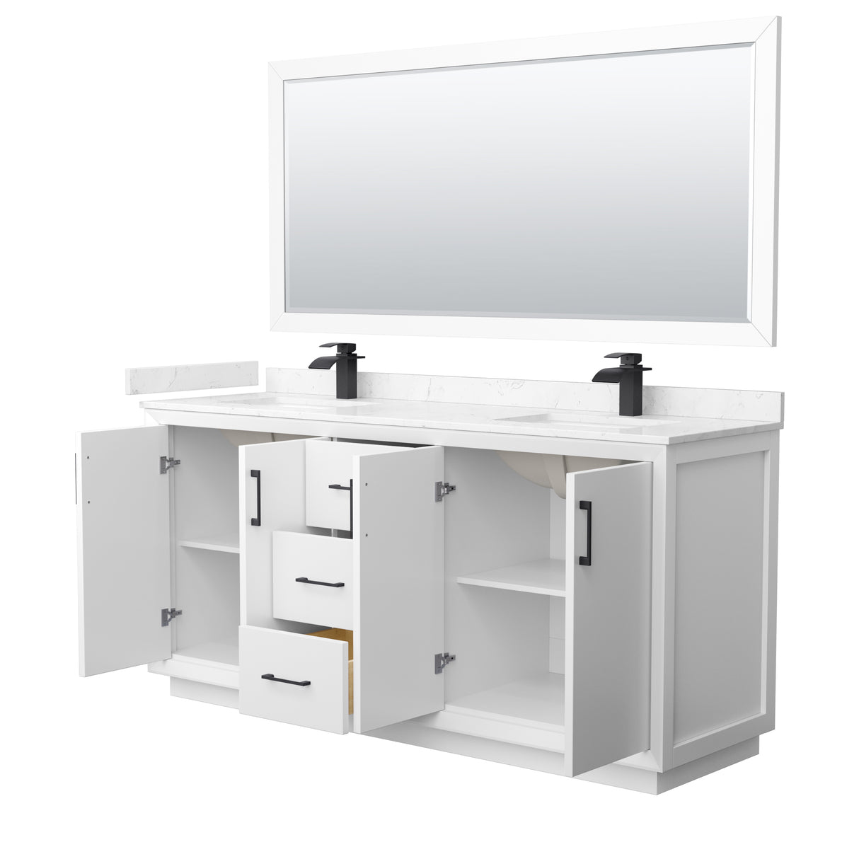 Strada 72 Inch Double Bathroom Vanity in White Carrara Cultured Marble Countertop Undermount Square Sink Matte Black Trim 70 Inch Mirror