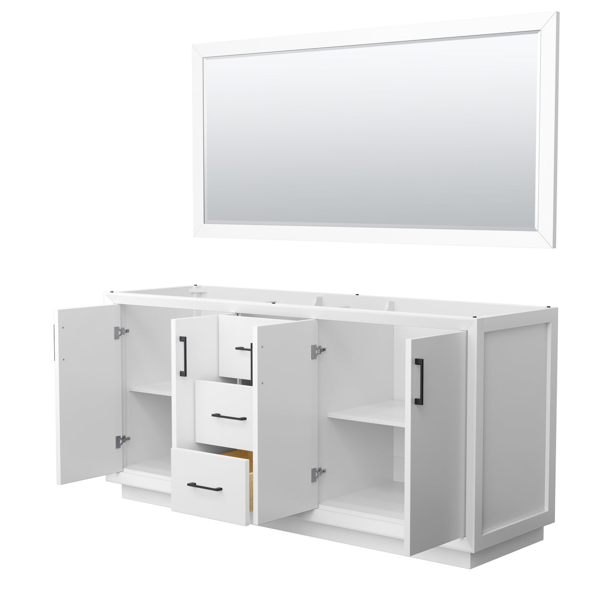 Strada 72 Inch Double Bathroom Vanity in White No Countertop No Sink Matte Black Trim 70 Inch Mirror