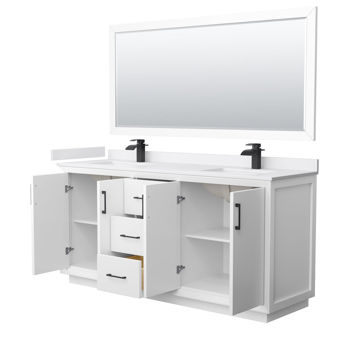 Strada 72 Inch Double Bathroom Vanity in White White Cultured Marble Countertop Undermount Square Sink Matte Black Trim 70 Inch Mirror