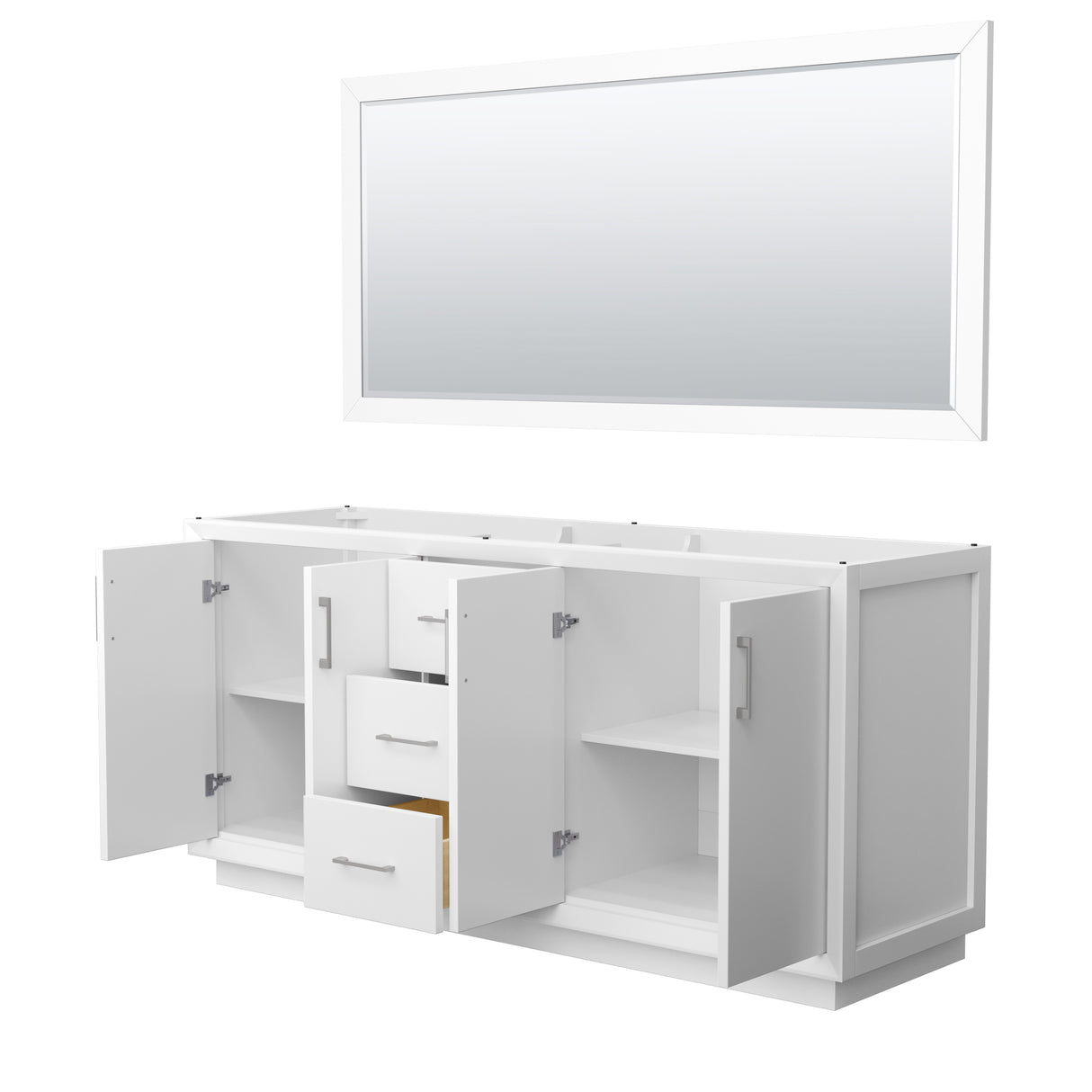 Strada 72 Inch Double Bathroom Vanity in White No Countertop No Sink Brushed Nickel Trim 70 Inch Mirror