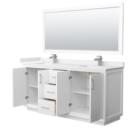 Strada 72 Inch Double Bathroom Vanity in White White Cultured Marble Countertop Undermount Square Sink Brushed Nickel Trim 70 Inch Mirror