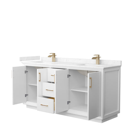 Strada 72 Inch Double Bathroom Vanity in White Carrara Cultured Marble Countertop Undermount Square Sink Satin Bronze Trim