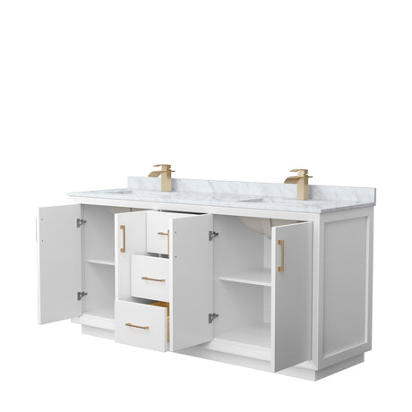 Strada 72 Inch Double Bathroom Vanity in White White Carrara Marble Countertop Undermount Square Sink Satin Bronze Trim