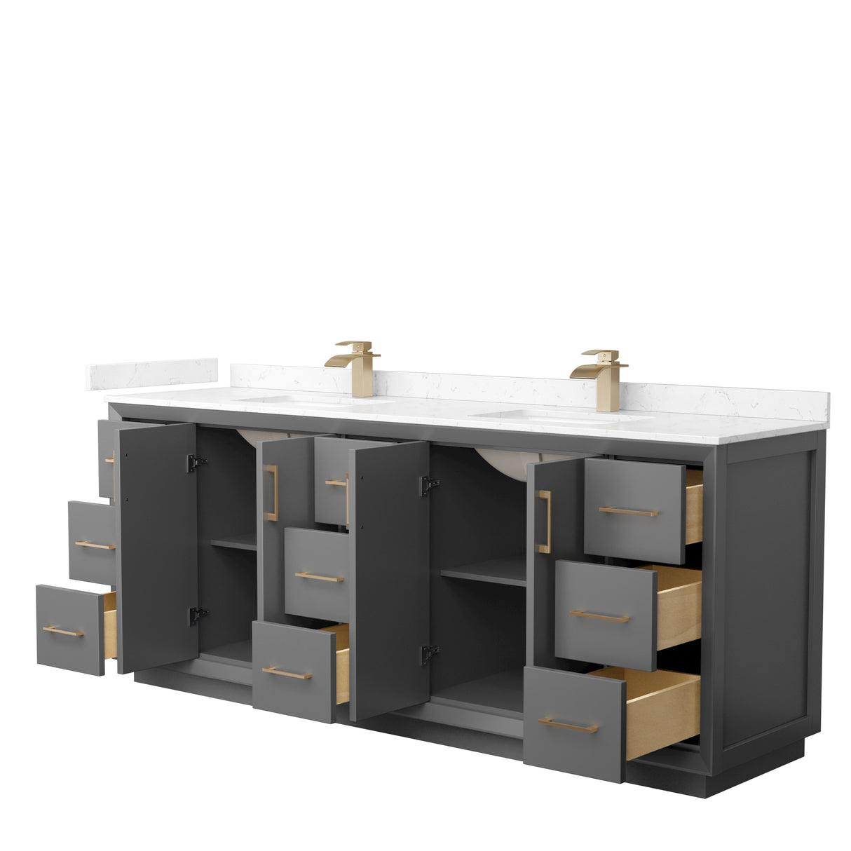 Strada 84 Inch Double Bathroom Vanity in Dark Gray Carrara Cultured Marble Countertop Undermount Square Sink Satin Bronze Trim