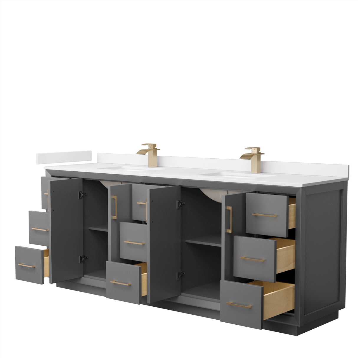 Strada 84 Inch Double Bathroom Vanity in Dark Gray White Cultured Marble Countertop Undermount Square Sink Satin Bronze Trim