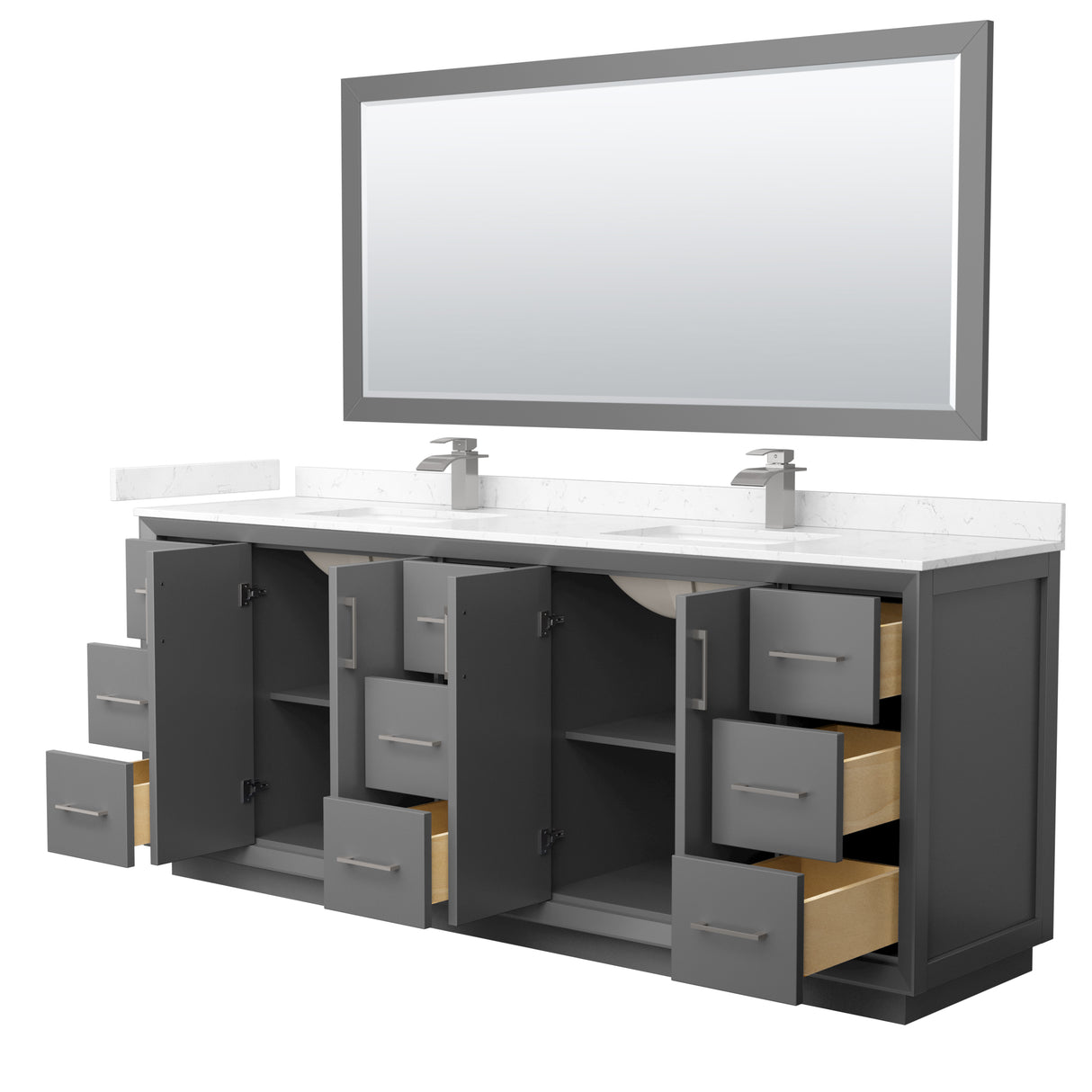 Strada 84 Inch Double Bathroom Vanity in Dark Gray Carrara Cultured Marble Countertop Undermount Square Sink Brushed Nickel Trim 70 Inch Mirror