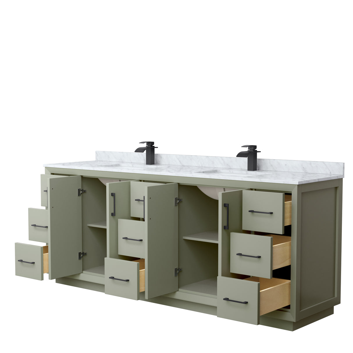 Strada 84 Inch Double Bathroom Vanity in Light Green White Carrara Marble Countertop Undermount Square Sinks Matte Black Trim