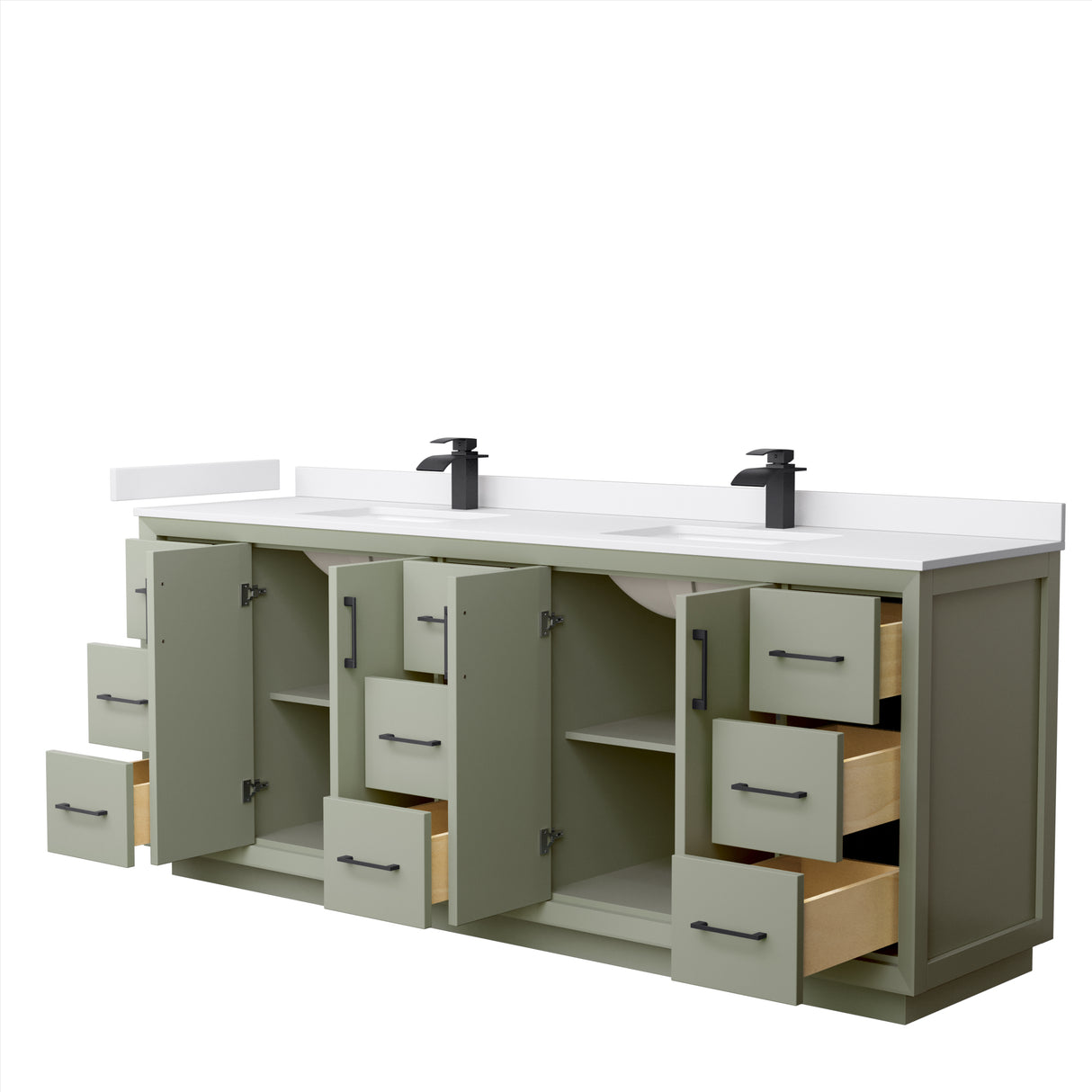 Strada 84 Inch Double Bathroom Vanity in Light Green White Cultured Marble Countertop Undermount Square Sinks Matte Black Trim