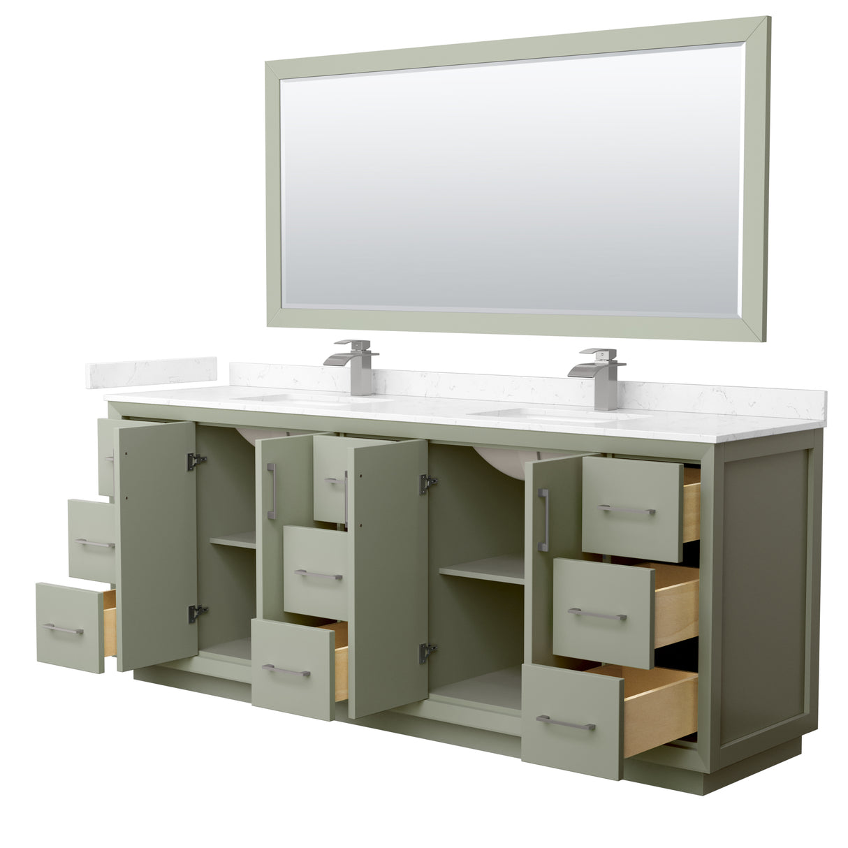 Strada 84 Inch Double Bathroom Vanity in Light Green Carrara Cultured Marble Countertop Undermount Square Sinks Brushed Nickel Trim 70 Inch Mirror