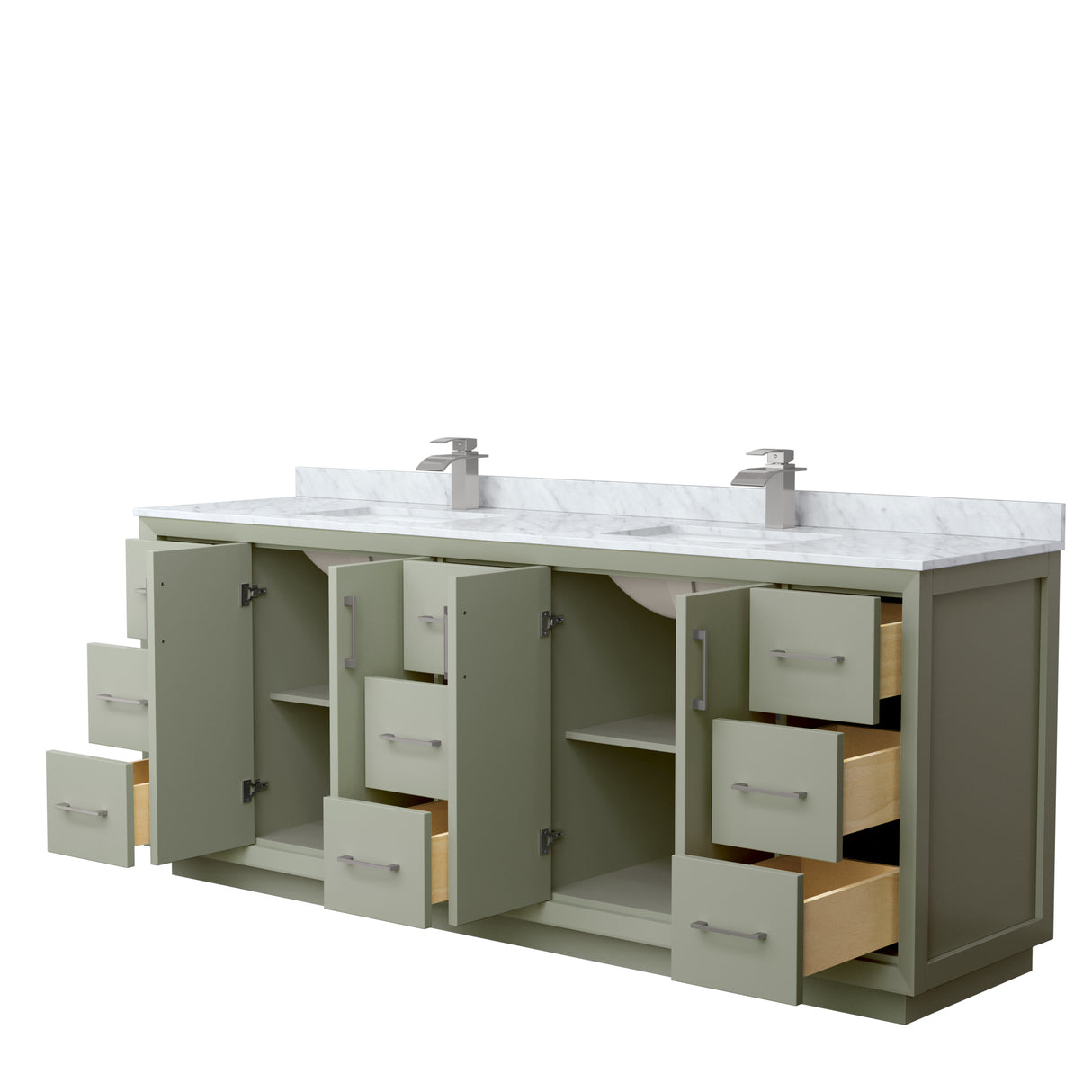 Strada 84 Inch Double Bathroom Vanity in Light Green White Carrara Marble Countertop Undermount Square Sinks Brushed Nickel Trim