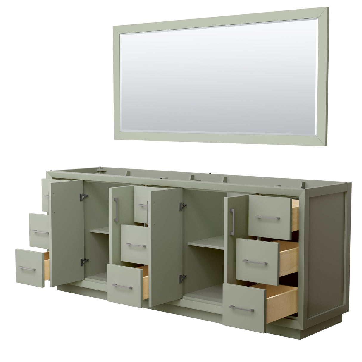 Strada 84 Inch Double Bathroom Vanity in Light Green No Countertop No Sink Brushed Nickel Trim 70 Inch Mirror