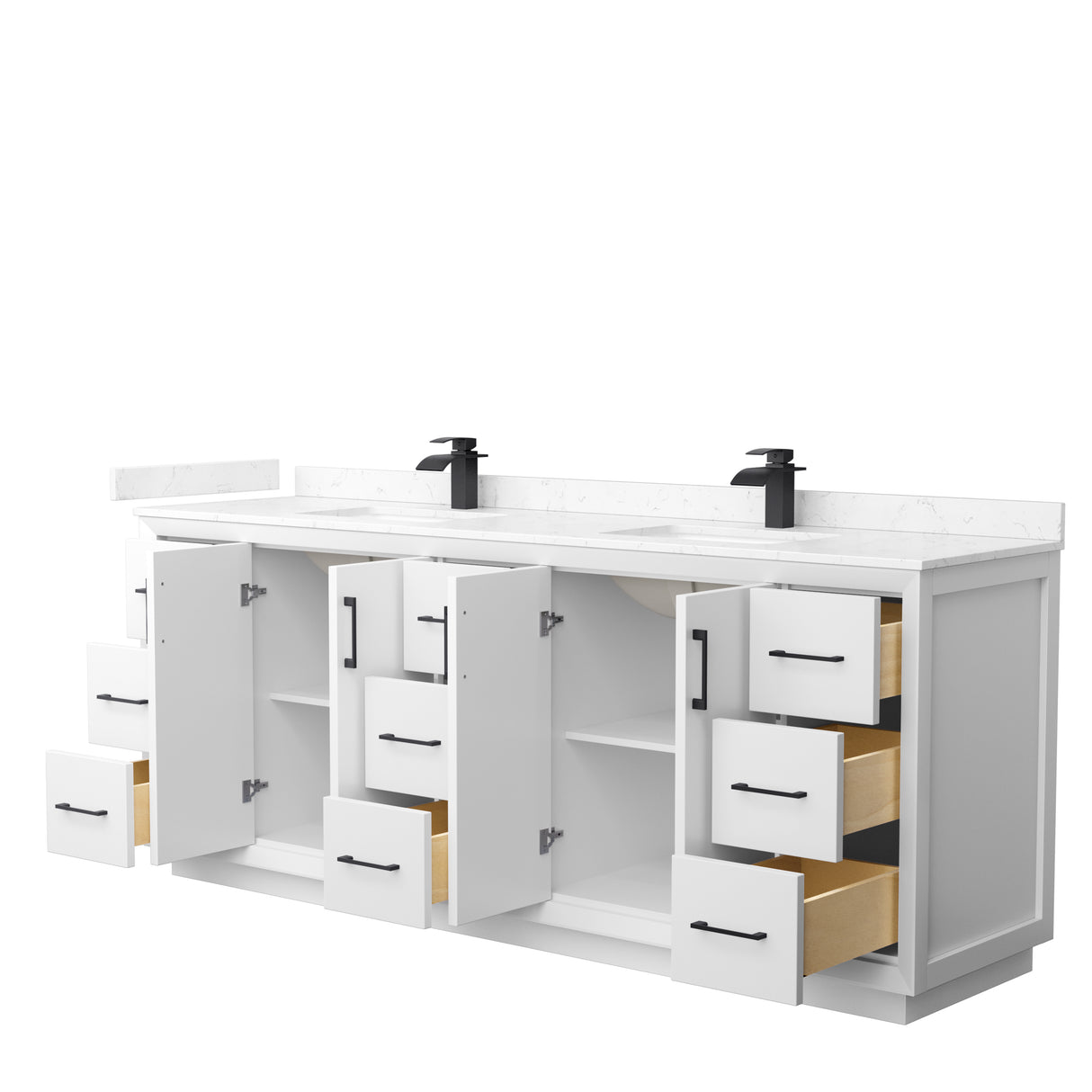 Strada 84 Inch Double Bathroom Vanity in White Carrara Cultured Marble Countertop Undermount Square Sink Matte Black Trim
