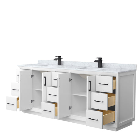 Strada 84 Inch Double Bathroom Vanity in White White Carrara Marble Countertop Undermount Square Sink Matte Black Trim