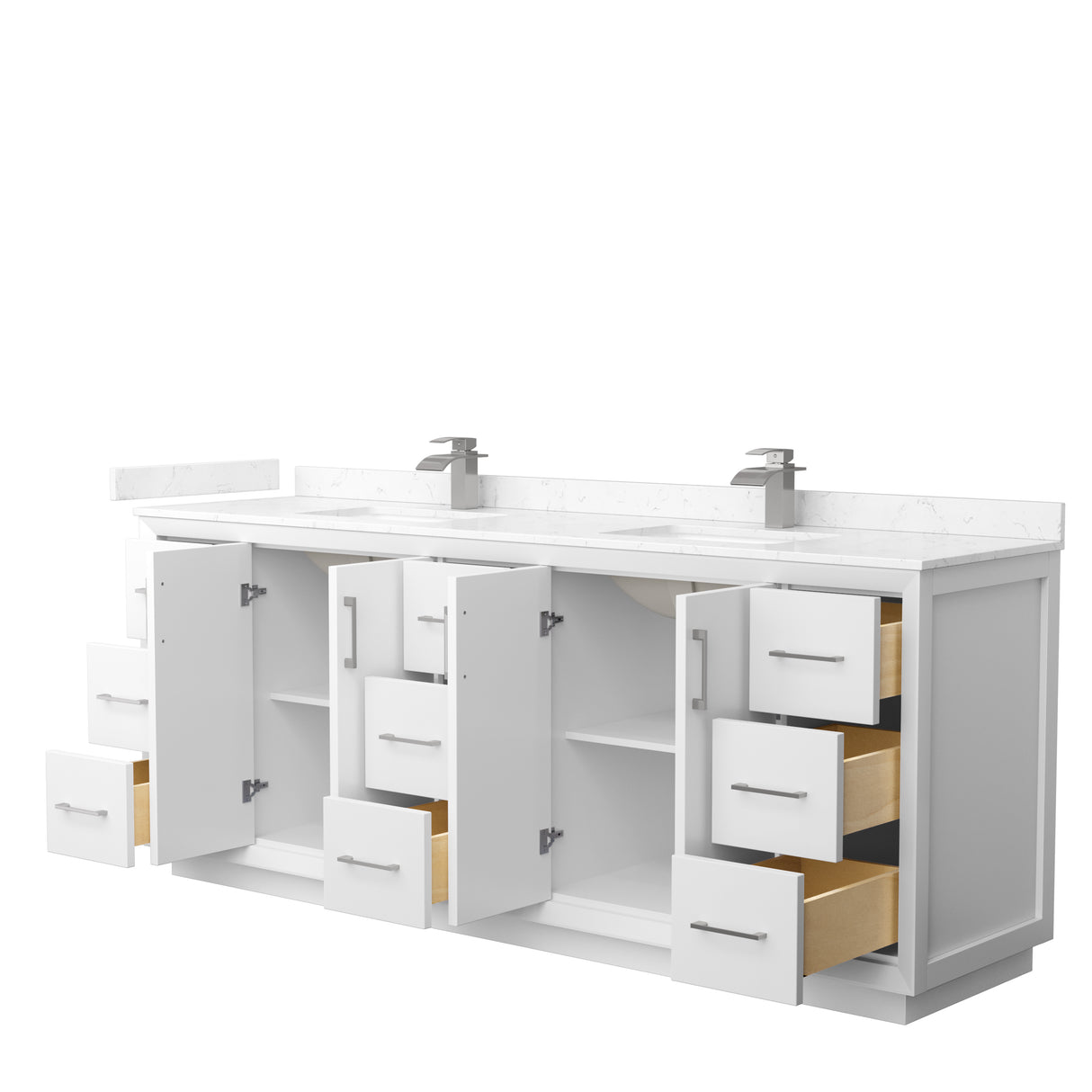 Strada 84 Inch Double Bathroom Vanity in White Carrara Cultured Marble Countertop Undermount Square Sink Brushed Nickel Trim
