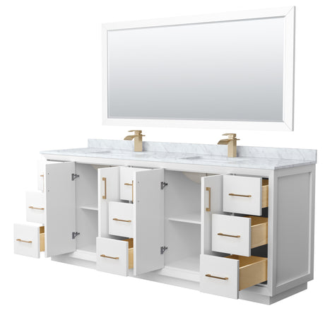 Strada 84 Inch Double Bathroom Vanity in White White Carrara Marble Countertop Undermount Square Sink Satin Bronze Trim 70 Inch Mirror