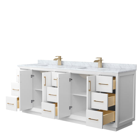 Strada 84 Inch Double Bathroom Vanity in White White Carrara Marble Countertop Undermount Square Sink Satin Bronze Trim