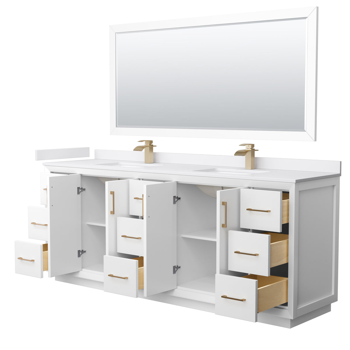 Strada 84 Inch Double Bathroom Vanity in White White Cultured Marble Countertop Undermount Square Sink Satin Bronze Trim 70 Inch Mirror