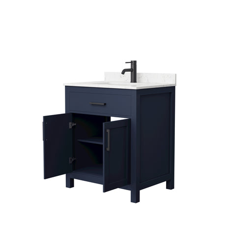 Beckett 30 Inch Single Bathroom Vanity in Dark Blue Carrara Cultured Marble Countertop Undermount Square Sink Matte Black Trim