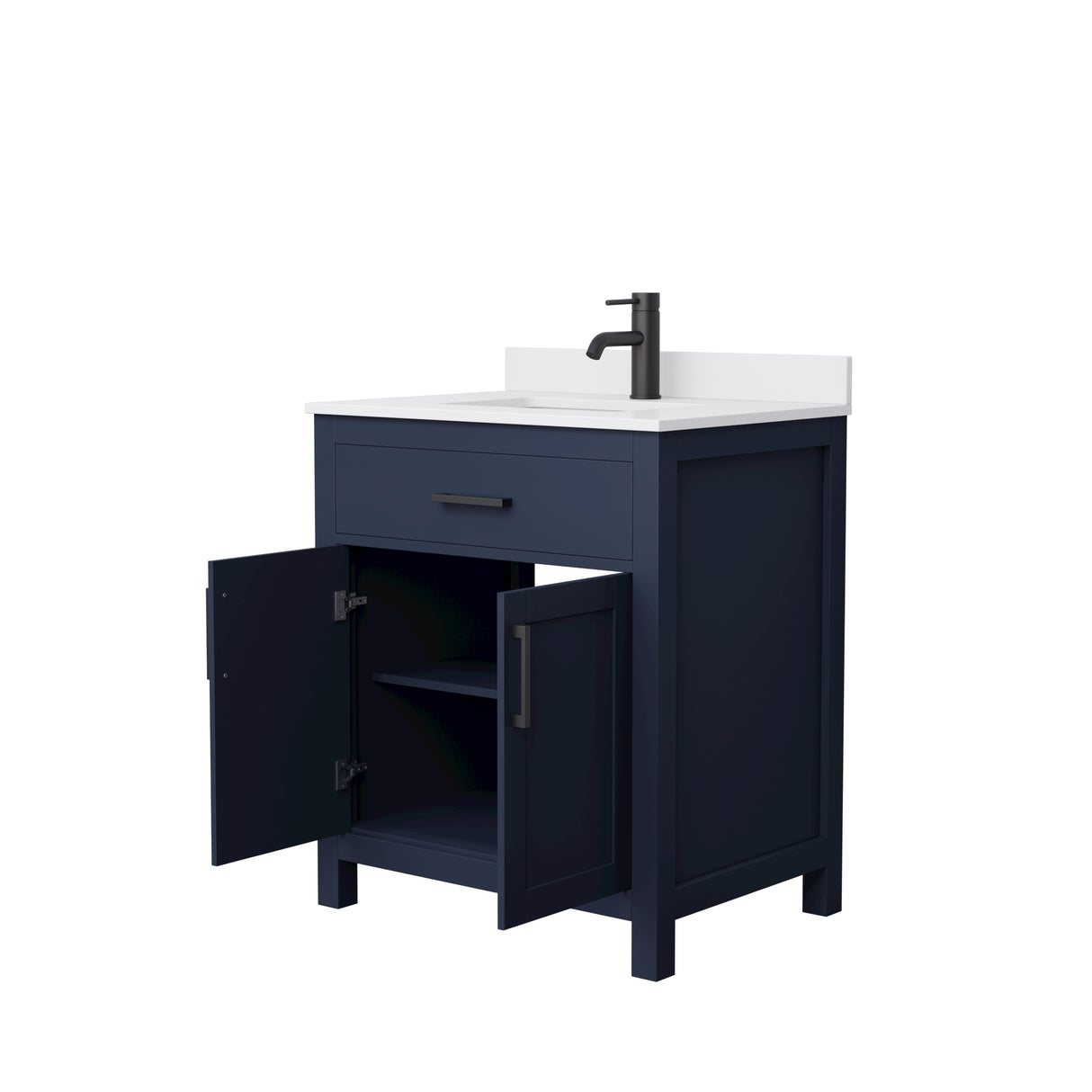 Beckett 30 Inch Single Bathroom Vanity in Dark Blue White Cultured Marble Countertop Undermount Square Sink Matte Black Trim