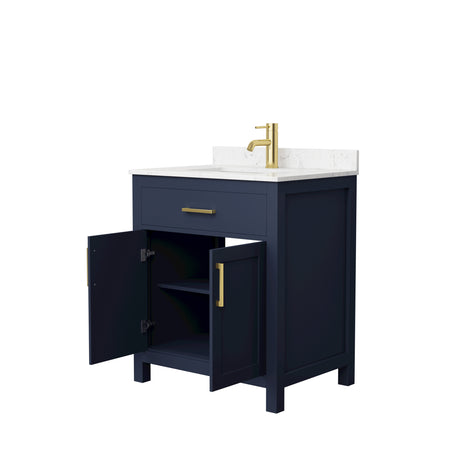Beckett 30 Inch Single Bathroom Vanity in Dark Blue Carrara Cultured Marble Countertop Undermount Square Sink Brushed Gold Trim