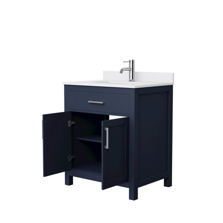 Beckett 30 Inch Single Bathroom Vanity in Dark Blue White Cultured Marble Countertop Undermount Square Sink Brushed Nickel Trim