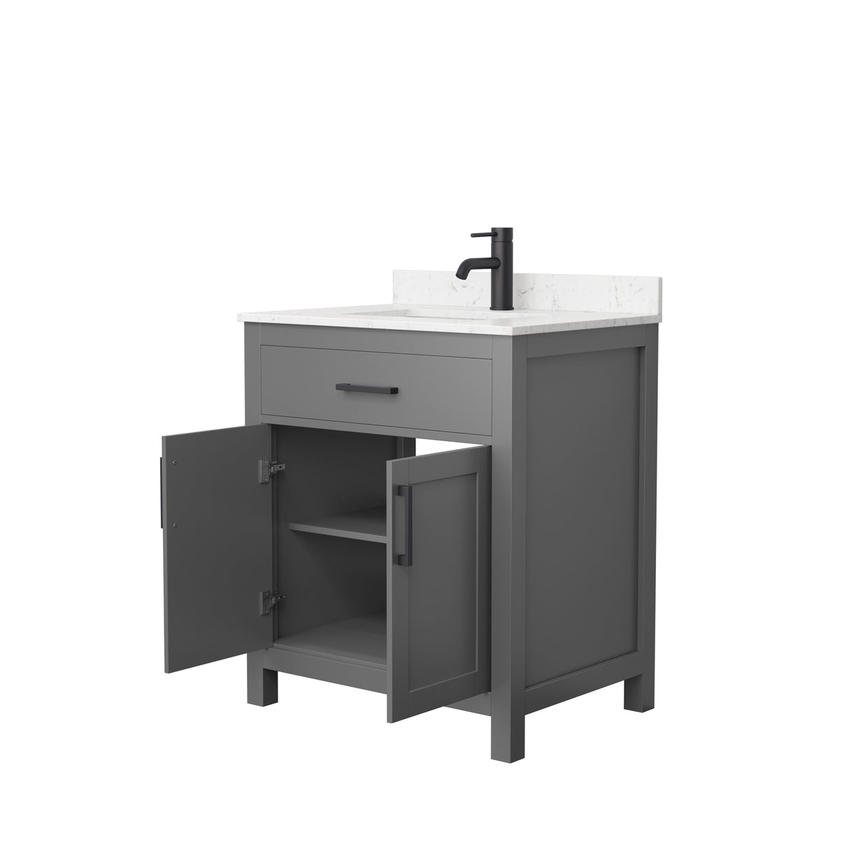 Beckett 30 Inch Single Bathroom Vanity in Dark Gray Carrara Cultured Marble Countertop Undermount Square Sink Matte Black Trim