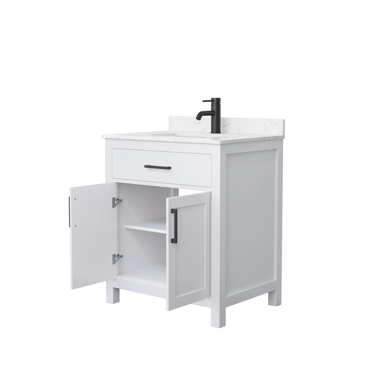 Beckett 30 Inch Single Bathroom Vanity in White Carrara Cultured Marble Countertop Undermount Square Sink Matte Black Trim