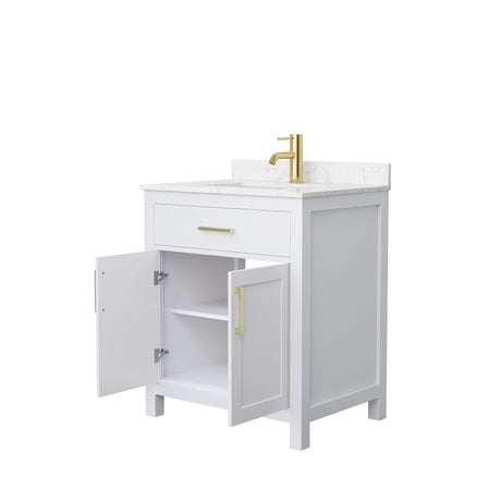 Beckett 30 Inch Single Bathroom Vanity in White Carrara Cultured Marble Countertop Undermount Square Sink Brushed Gold Trim