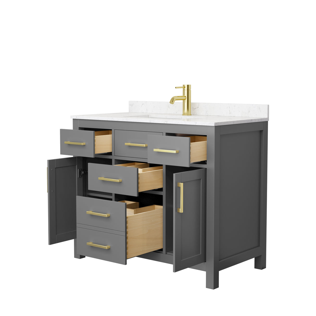 Beckett 42 Inch Single Bathroom Vanity in Dark Gray Carrara Cultured Marble Countertop Undermount Square Sink Brushed Gold Trim