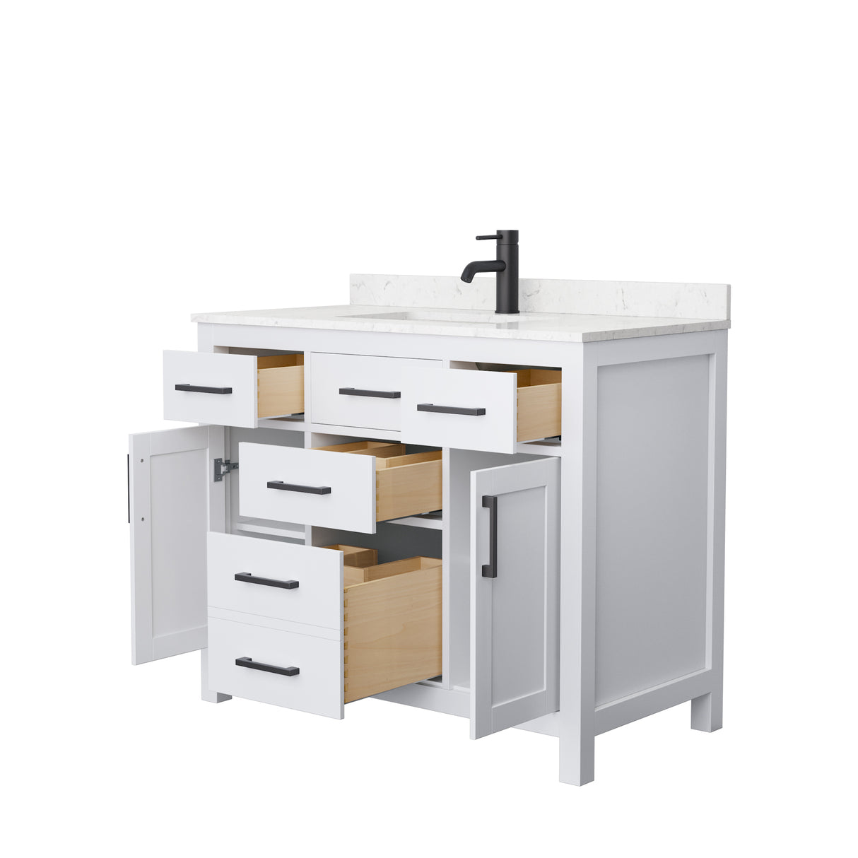 Beckett 42 Inch Single Bathroom Vanity in White Carrara Cultured Marble Countertop Undermount Square Sink Matte Black Trim