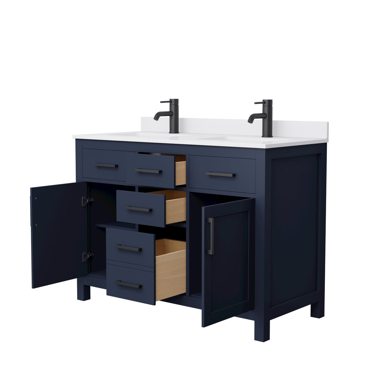 Beckett 48 Inch Double Bathroom Vanity in Dark Blue White Cultured Marble Countertop Undermount Square Sinks Matte Black Trim